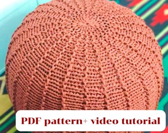 KNITTING PATTERN &  video tutorial how to knit Pouf with ribs, Poof Knitting Ottoman Footstool Bean Bag, Pouffe, Floor cushion