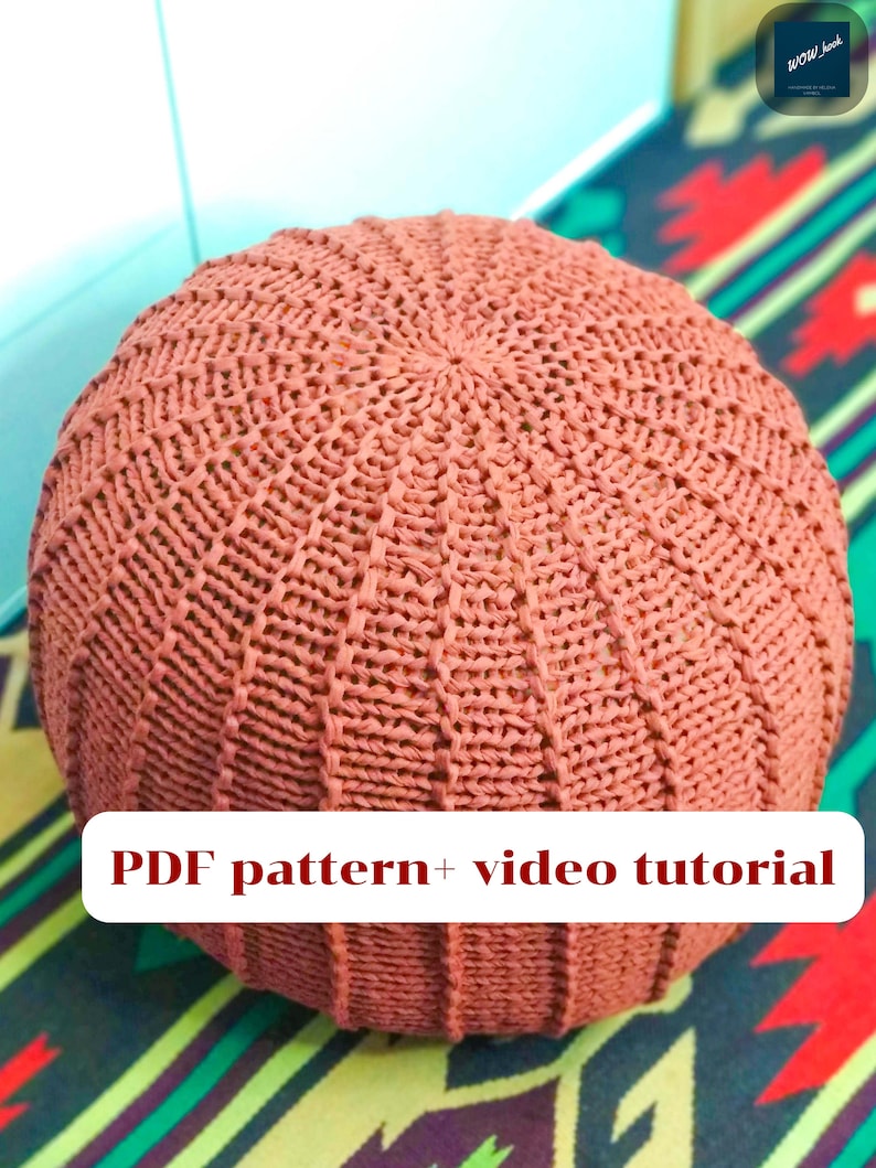 KNITTING PATTERN & video tutorial how to knit Pouf with ribs, Poof Knitting Ottoman Footstool Bean Bag, Pouffe, Floor cushion image 1