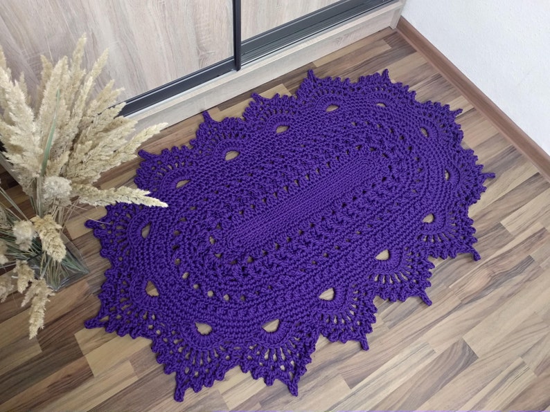 Bright purple crochet oval bedside rug, Oval knitted rug, shops textured cozy carpet, laced rug, polyester cord carpet