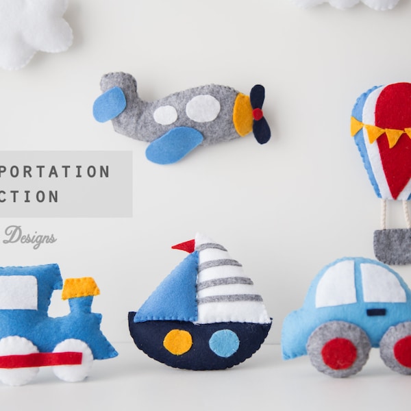 PDF Tutorial Transportation Mobile, Felt Pattern Nursery, Airplane Train Boat Car Cloud, Hot Air Balloon, Plushies Tutorial DIY