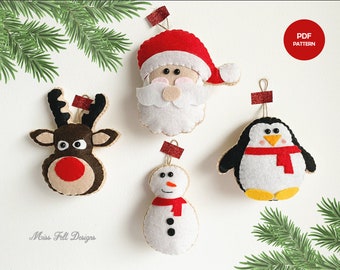 Christmas Sewing PDF Pattern, Set of 4 Felt Christmas Ornaments pattern, Tree ornaments, Santa Claus, Penguin, Reindeer, Snowman