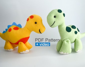 PDF Pattern + Video How To Sew two Felt Dinosaurs