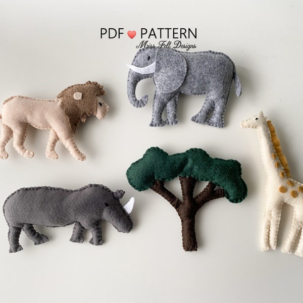 Jungle Animal Sewing PDF Patterns, Safari Animal Felt, Giraffe Elephant Rhino Lion,Baby Mobile, Digital Pattern, Instant Download