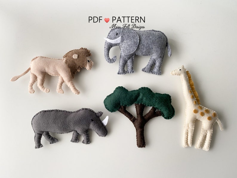 Jungle Animal Sewing PDF Patterns, Safari Animal Felt, Giraffe Elephant Rhino Lion,Baby Mobile, Digital Pattern, Instant Download image 1