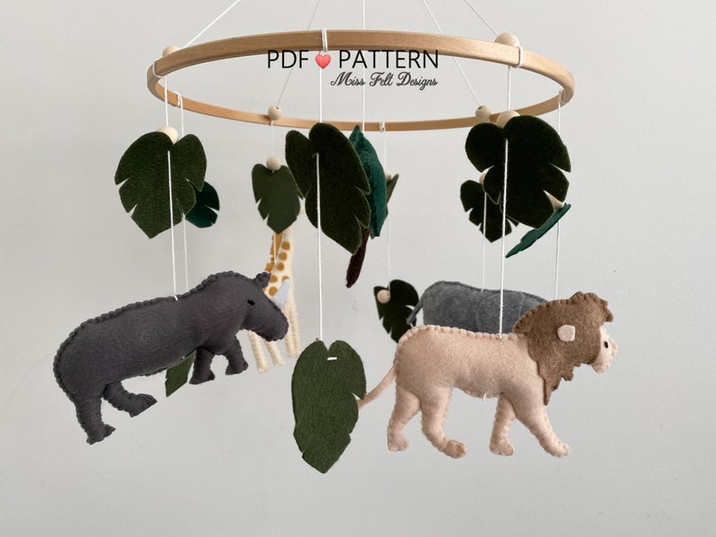 Jungle Animal Sewing PDF Patterns, Safari Animal Felt, Giraffe Elephant Rhino Lion,Baby Mobile, Digital Pattern, Instant Download image 2
