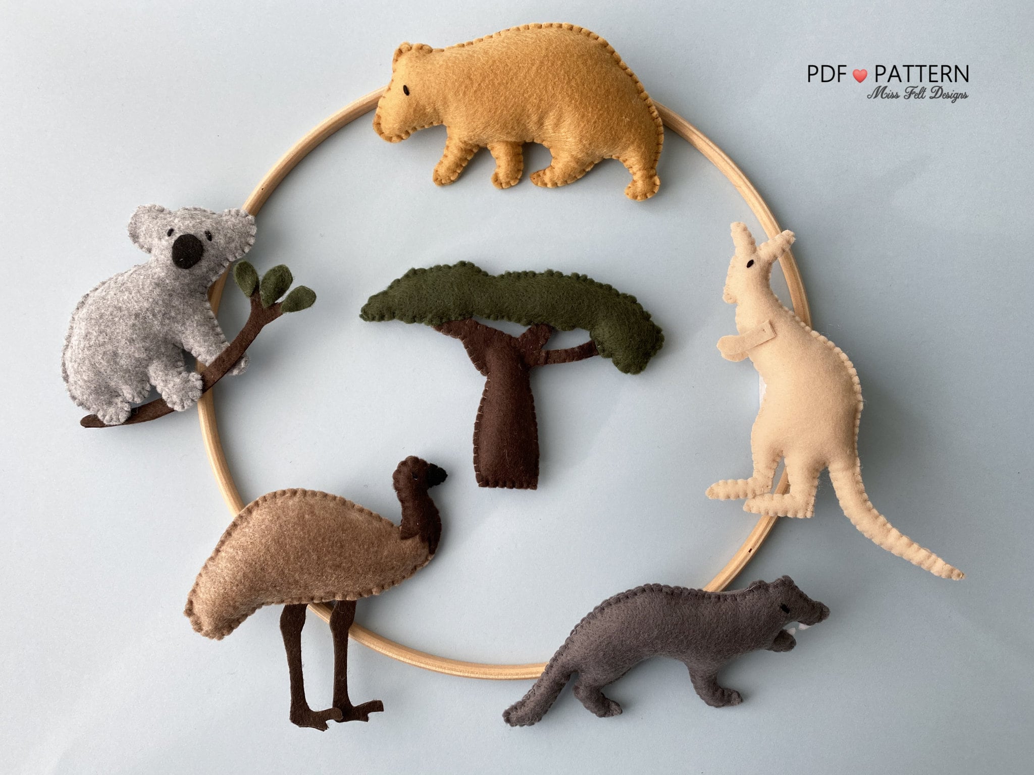 Australian Animal Sewing PDF Patterns, Aussie Animal Felt, Kangaroo Koala Wombat Tasmanian Devil