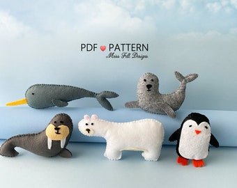 Arctic Animal Sewing PDF Patterns, Arctic Animal Felt, polar bear, penguin, narwhal, walrus, seal, Digital Pattern, Instant Download Felt