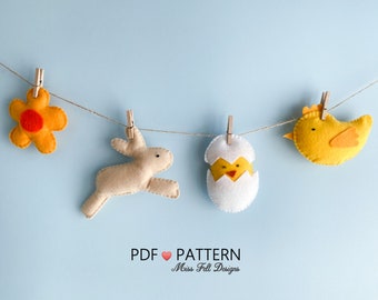 FELT EASTER PDF Pattern - Easter Garland, bunny, chick, flower, egg, embroidery, sewing