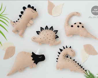 Felt Dinosaur Sewing Patterns, Dinosaur Felt Animals PDF Pattern, Plush Sewing Pattern for Ornaments, Baby Mobile Neutral Dinosaur