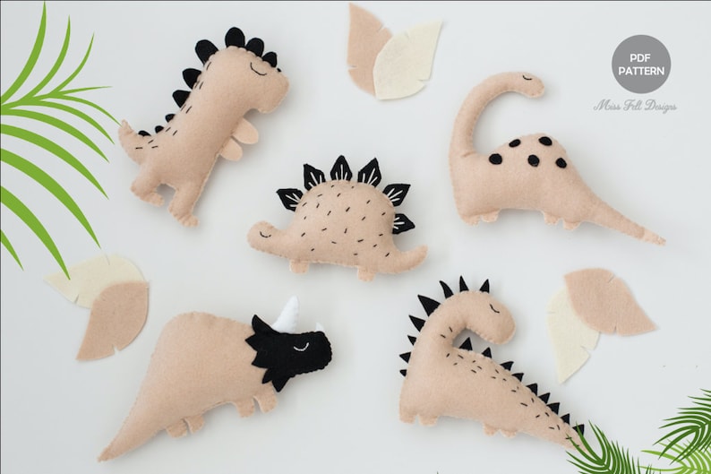 Felt Dinosaur Sewing Patterns, Dinosaur Felt Animals PDF Pattern, Plush Sewing Pattern for Ornaments, Baby Mobile Neutral Dinosaur image 1