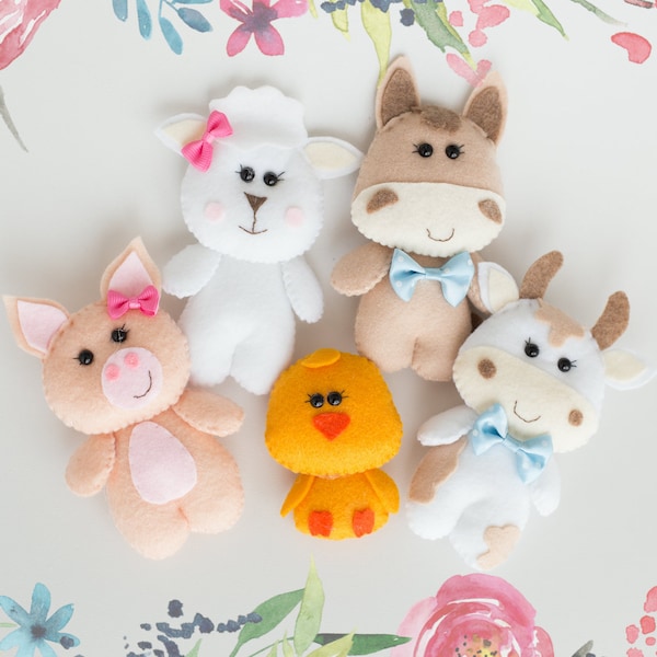 Animali della fattoria in feltro da cucire modello PDF, cavallo, maiale, pecora, mucca e pulcino, giostrina per bambini