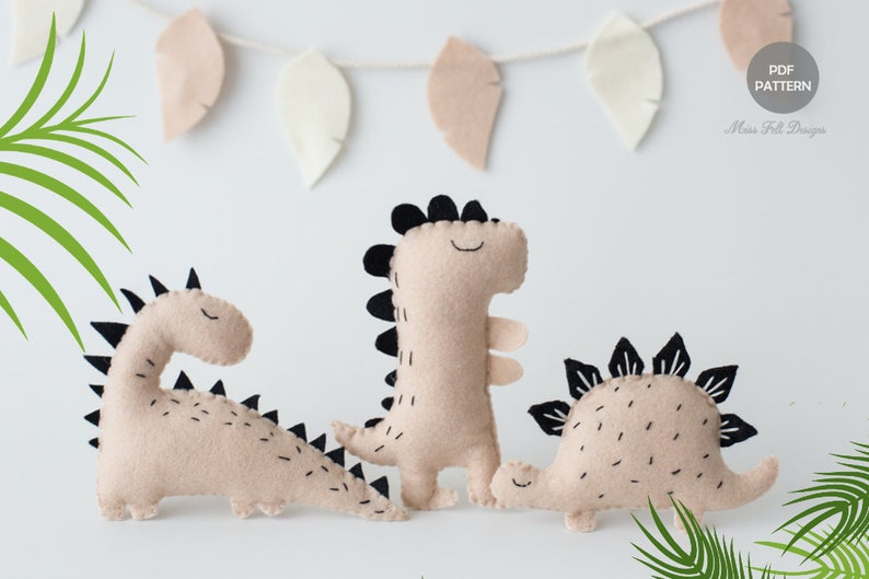 Felt Dinosaur Sewing Patterns, Dinosaur Felt Animals PDF Pattern, Plush Sewing Pattern for Ornaments, Baby Mobile Neutral Dinosaur image 2