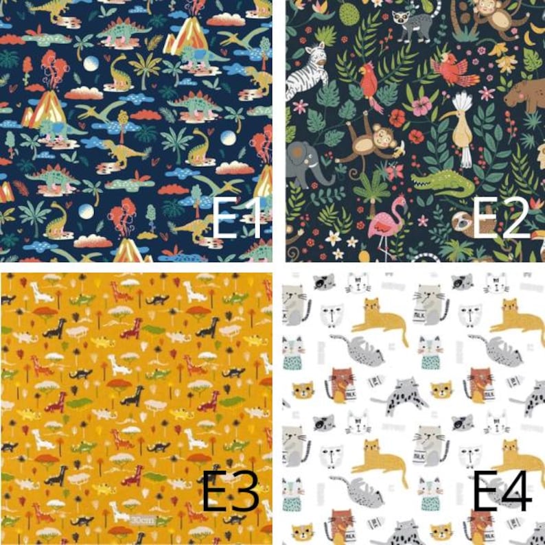 May include: Four fabric swatches with colorful patterns. One features dinosaurs on a navy background. Another shows jungle animals on a dark green background. A third displays giraffes on a yellow background. The last one has cats on a white background.