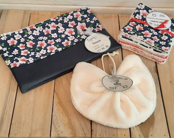 Ensemble 1 trousse a maquillage + 10 lingettes lavables + 1 Fleur de douche en éponge de bambou, idée cadeau, cadeau maitresse