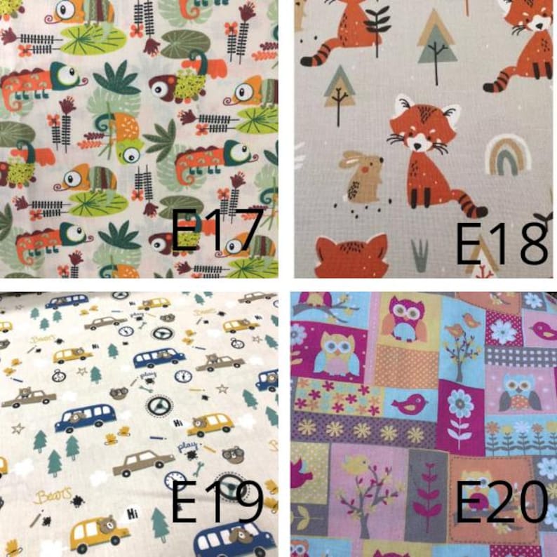 May include: Four fabric swatches with different patterns. One features colorful lizards and foliage, another has red foxes and a rainbow, a third shows cars and stars, and the last has owls, birds, and flowers. Each swatch has a white label with a number.