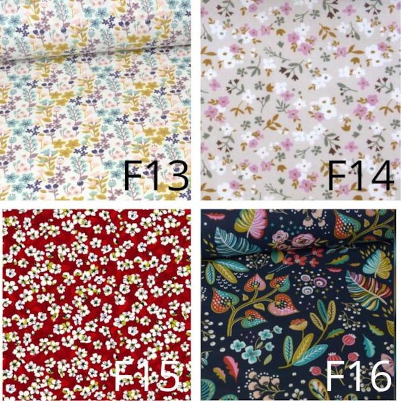 May include: Four fabric swatches with floral patterns. Top left: light background with blue, purple, and yellow flowers. Top right: beige background with pink and white flowers. Bottom left: red background with white flowers. Bottom right: dark blue background with colorful flowers. Each swatch has a number.