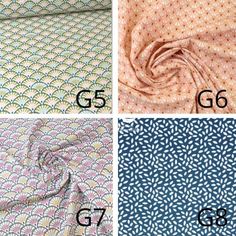May include: Four fabric swatches with different patterns. The top left swatch has a fan-like design in green, blue, and pink on a light background. The top right swatch is peach with a similar fan pattern. The bottom left swatch has a fan design in pink, purple, and yellow. The bottom right swatch is navy blue with white leaf-like shapes.