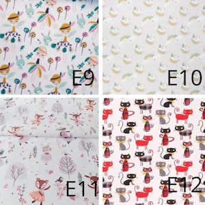 May include: Four fabric swatches with different patterns. Top left: white with whimsical figures and bunnies. Top right: white with rainbows and smiling faces. Bottom left: white with foxes and trees. Bottom right: black and red cats.