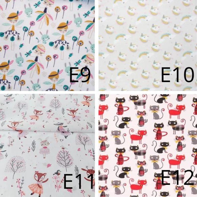 May include: Four fabric swatches with different patterns. Top left: white with whimsical figures and bunnies. Top right: white with rainbows and smiling faces. Bottom left: white with foxes and trees. Bottom right: black and red cats.