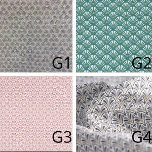May include: Four fabric swatches with different patterns. G1 is a gray and blue floral design. G2 is a teal fan-shaped pattern. G3 is a pink floral pattern. G4 is a gray, black, and white fan-shaped pattern.