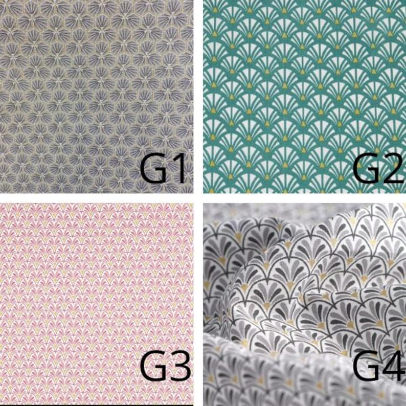 May include: Four fabric swatches with different patterns. G1 is a gray and blue floral design. G2 is a teal fan-shaped pattern. G3 is a pink floral pattern. G4 is a gray, black, and white fan-shaped pattern.