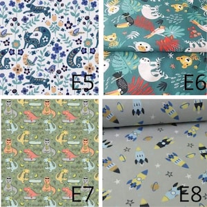 May include: Four fabric swatches with different patterns. E5 features a white background with blue floral and animal designs. E6 has a teal background with animal and plant illustrations. E7 shows dinosaurs on skateboards. E8 has rockets and stars.