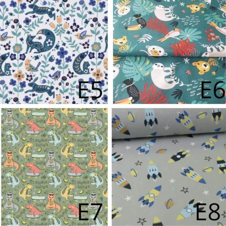 May include: Four fabric swatches with different patterns. E5 features a white background with blue floral and animal designs. E6 has a teal background with animal and plant illustrations. E7 shows dinosaurs on skateboards. E8 has rockets and stars.