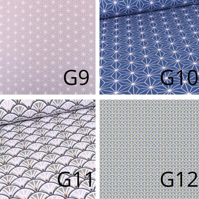 May include: Four fabric swatches with different geometric patterns. The top left swatch is light purple with a starburst design, labeled G9. The top right swatch is blue with a white geometric pattern, labeled G10. The bottom left swatch is black, white, and gray, labeled G11. The bottom right swatch is green and yellow, labeled G12.
