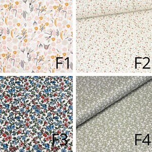May include: Four fabric swatches with floral patterns. F1 features a white background with yellow, pink, and gray flowers. F2 has a cream background with small brown and green flowers. F3 displays a blue, red, and white floral design. F4 shows a gray fabric with tiny white flowers.