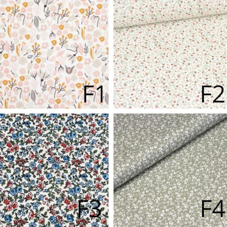 May include: Four fabric swatches with floral patterns. F1 features a white background with yellow, pink, and gray flowers. F2 has a cream background with small brown and green flowers. F3 displays a blue, red, and white floral design. F4 shows a gray fabric with tiny white flowers.