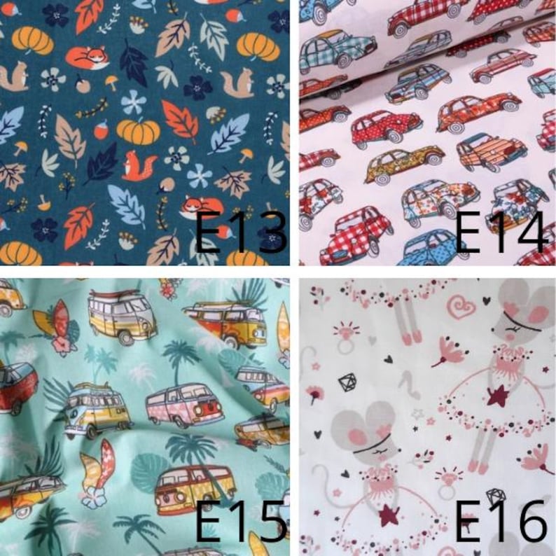 May include: Four fabric swatches with different patterns. Top left: teal with pumpkins, leaves, and foxes. Top right: white with colorful cars. Bottom left: teal with camper vans and surfboards. Bottom right: white with mouse ballerina figures.