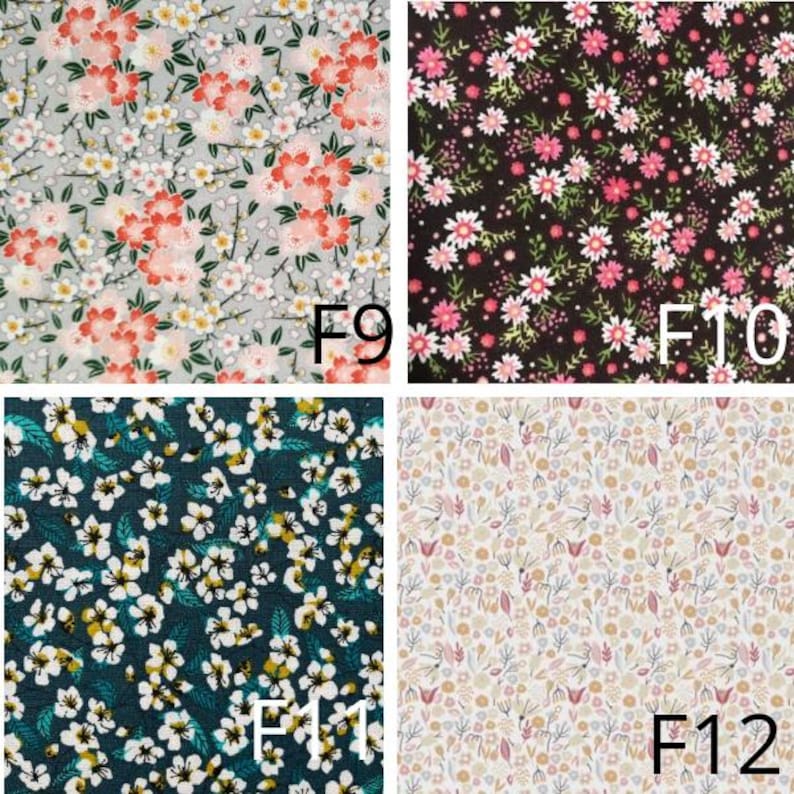 May include: Four fabric swatches with floral patterns. Top left: gray background with pink and white flowers. Top right: black background with pink and white flowers. Bottom left: dark teal background with white and yellow flowers. Bottom right: cream background with pink and tan flowers. Each swatch has a white label.