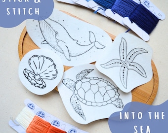 Sea Life Nautical Marine STICK AND STITCH Washaway Stabilizer| Hand Embroidery Transfer Patches| Upcycled Clothing| Rinse With Water