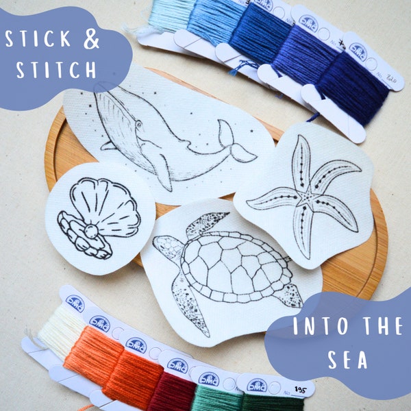 Sea Life Nautical Marine STICK AND STITCH Washaway Stabilizer| Hand Embroidery Transfer Patches| Upcycled Clothing| Rinse With Water