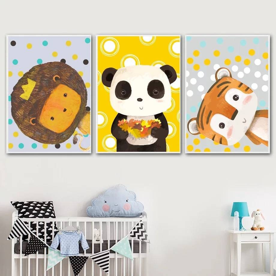 3 Affiches 100% Coton Décoration Murale Originale Chambre Garçon Lettre Animaux Rigolos Koala Lion P