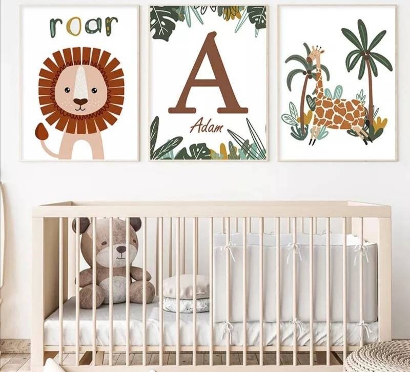 3 Affiches 100% Coton Décoration Murale Personnalisée Chambre Fille Garçon Prénom Animaux Lion Giraf
