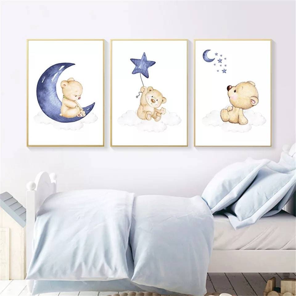 3 Affiches 100% Coton Décoration Murale Chambre Animaux Ours Ourson Lune Étoile Nuage Naissance Nouv
