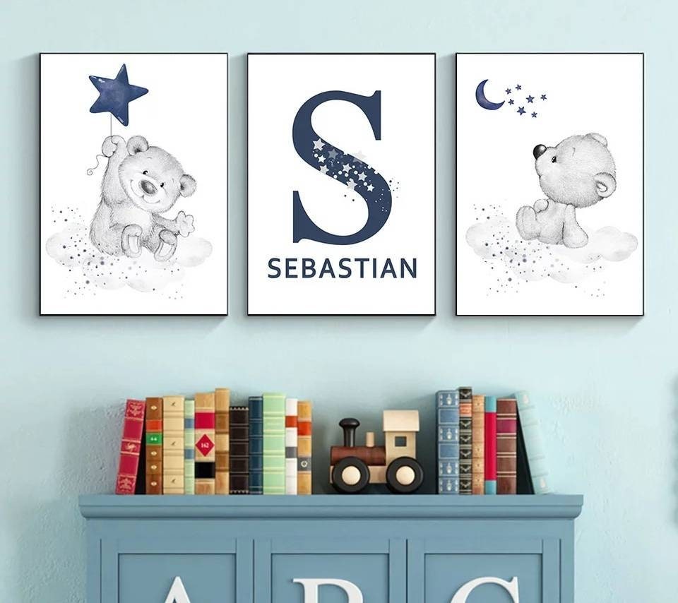 3 Affiches Décoration Murale Personnalisée Chambre Lettre Prénom Lune Nuage Étoiles Oursons Coeurs N