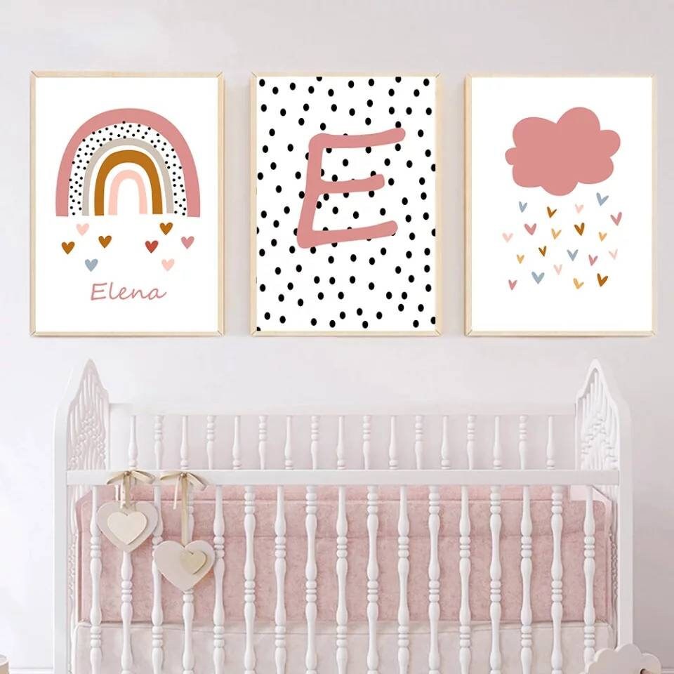 3 Affiches 100% Coton Décoration Murale Personnalisée Chambre Lettre Prénom Arc en Ciel Cœur Nuage O