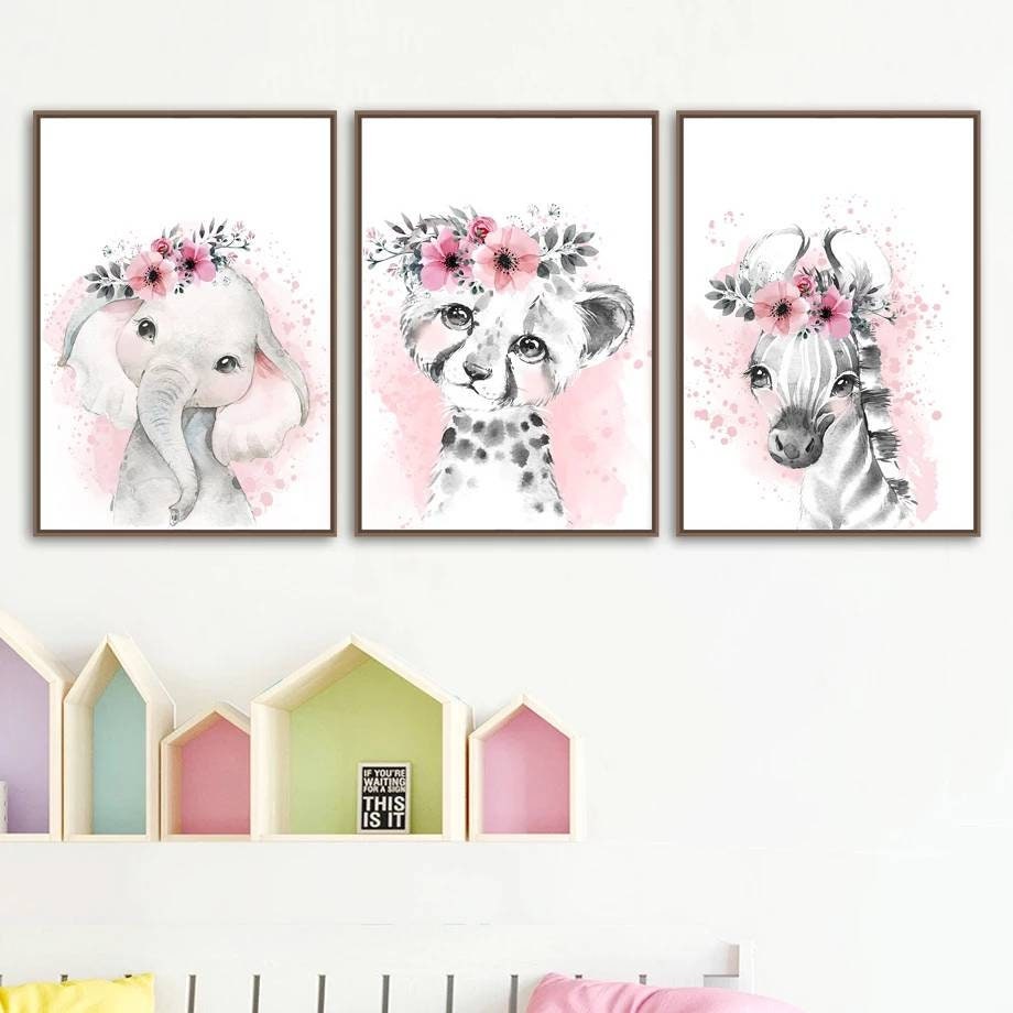 3 Affiches 100% Coton Décoration Murale Chambre Lettre Girafe Rhinocéros Tigre Lion Éléphant Zèbre F