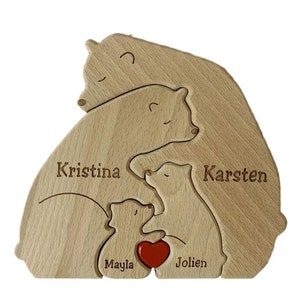 Personalized vertical wooden puzzle with the first names of family members engraved on bears, decoration, gift, from 3 to 9 first names.