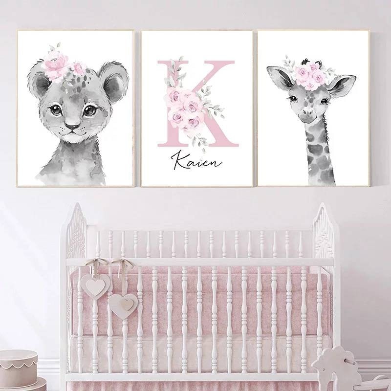 3 Affiches 100% Coton Décoration Murale Personnalisée Chambre Enfant Lettre Prénom Animaux Savane Gi