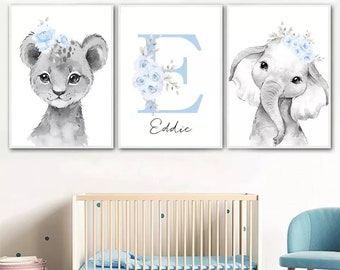 3 poster 100% cotone decorazione murale personalizzata cameretta lettera nome animali savana giraffa tigre nascita neonato