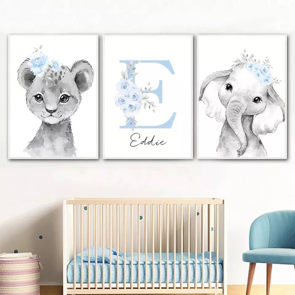 3 Affiches 100% Coton Décoration Murale Personnalisée Chambre Enfant Lettre Prénom Animaux Savane Gi