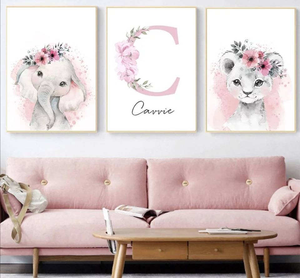 3 Affiches 100% Coton Décoration Murale Personnalisée Chambre Enfant Lettre Prénom Animaux Éléphant 