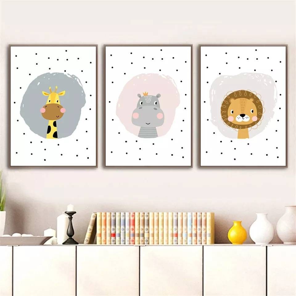 3 Affiches Au Choix Parmi 8 Animaux 100% Coton Décoration Murale Chambre Girafe Lapin Lion Hippopota