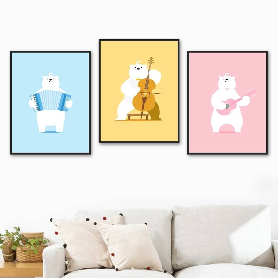 3 Affiches 100% Coton Décoration Murale Chambre Garçon Fille Ours Musicien Pop Musique Naissance Nou
