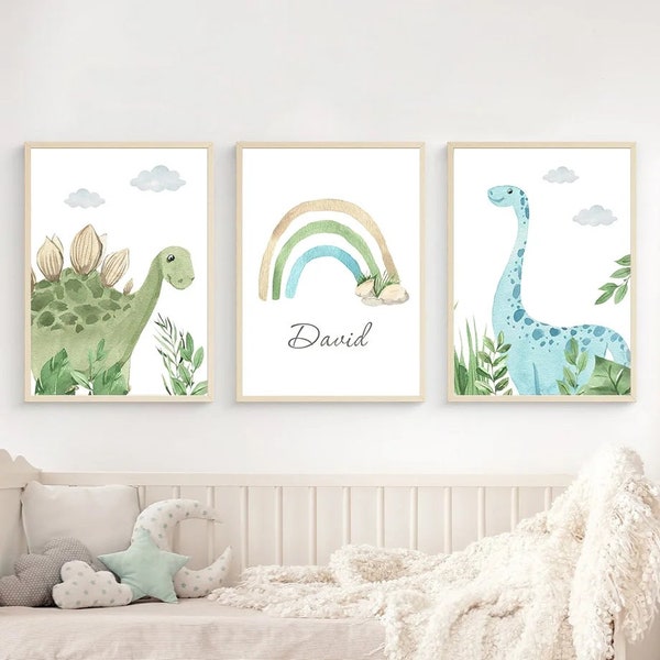 3 affiches 100% coton décoration murale personnalisée chambre garçon lettre prénom dinosaures T-rex diplodocus naissance nouveau-né bébé