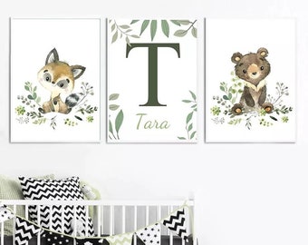 3 affiches 100% coton décoration murale personnalisée chambre garçon lettre prénom animaux savane girafe tigre naissance nouveau-né bébé