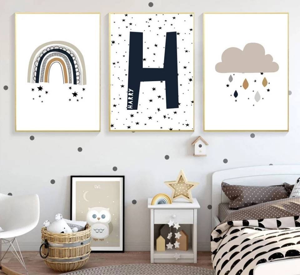 3 Affiches 100% Coton Décoration Murale Personnalisée Chambre Lettre Prénom Arc en Ciel Cœur Nuage É